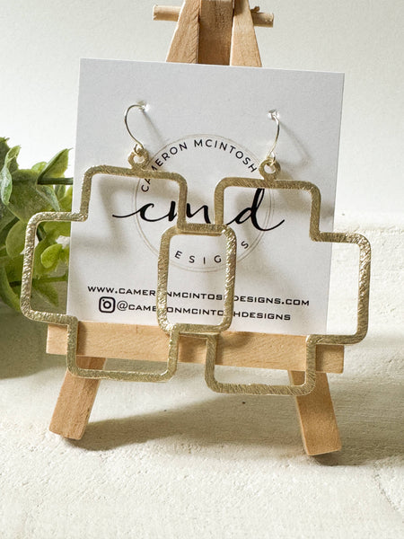Light Brushed Gold Square Cross Statement Earrings