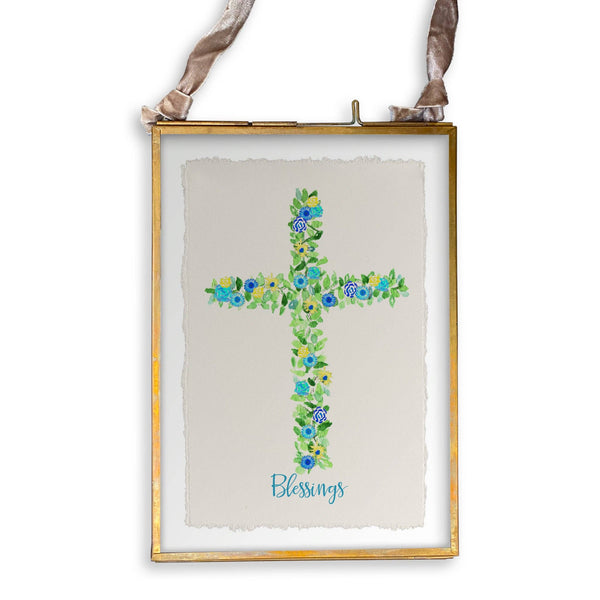 Blue Cross with Flowers and Quote: Notecard / -