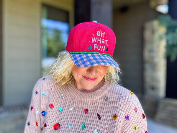 Embroidered Baseball Cap - Holiday - "Oh What Fun" - Red