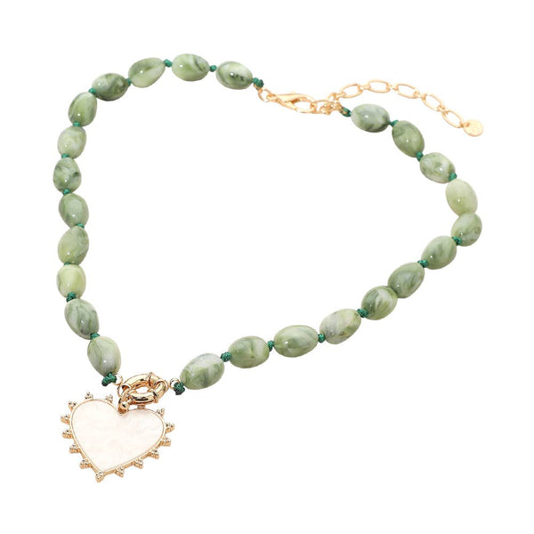 Mother of Pearl Heart Pendant Marbled Resin Oval Beaded Necklace