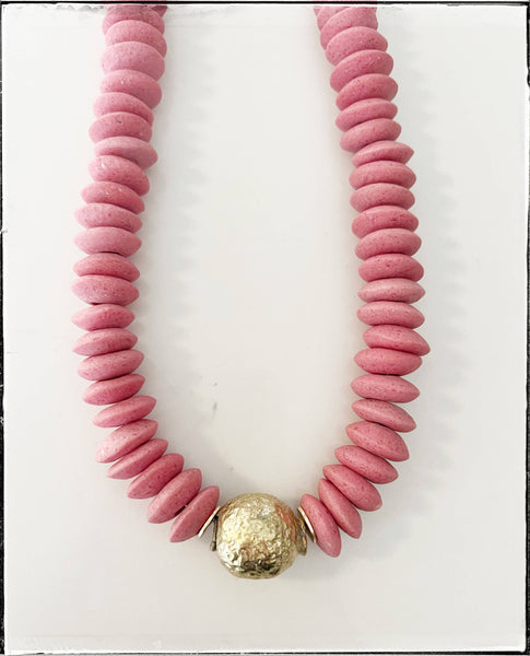 Pink Recycled Glass Short Necklace Brass Ball Pendant