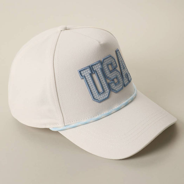 USA Gingham Embroidered Patch Rope Trucker Hat: LT BLUE / One Size