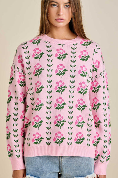 Floral Border Jacquard Sweater Knit: FLORAL PINK