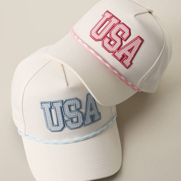 USA Gingham Embroidered Patch Rope Trucker Hat: LT BLUE / One Size