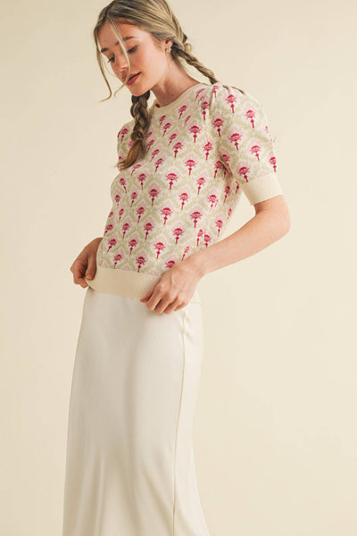 FLORAL PATTERN SHORT SLEEVE SWEATER LT BLUE SAGE MULTI