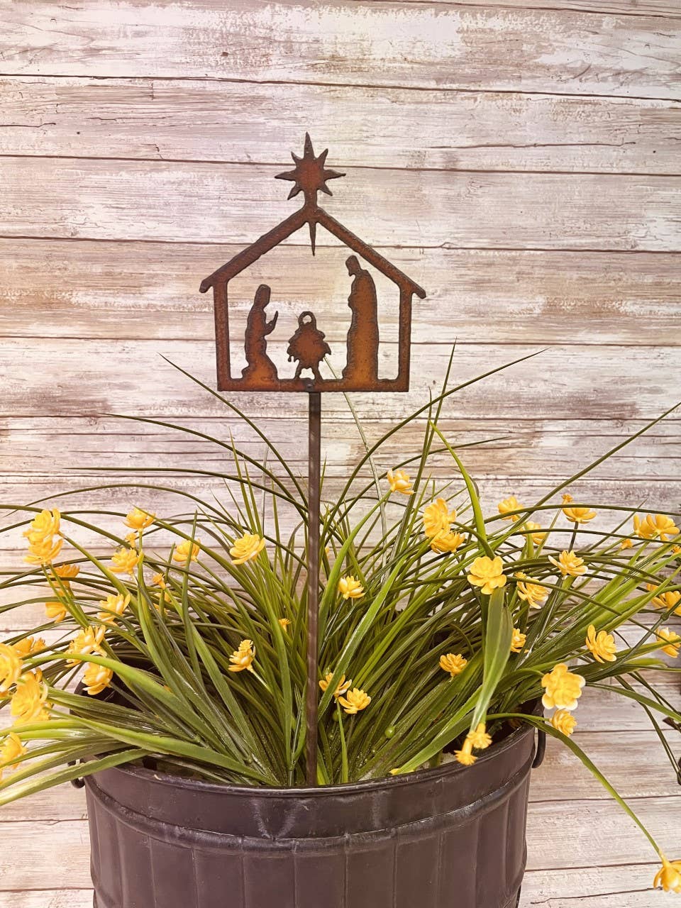 Nativity Christmas Garden Plant Stake Rustic Metal