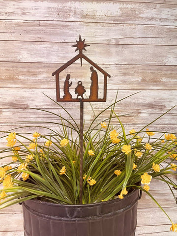 Nativity Christmas Garden Plant Stake Rustic Metal