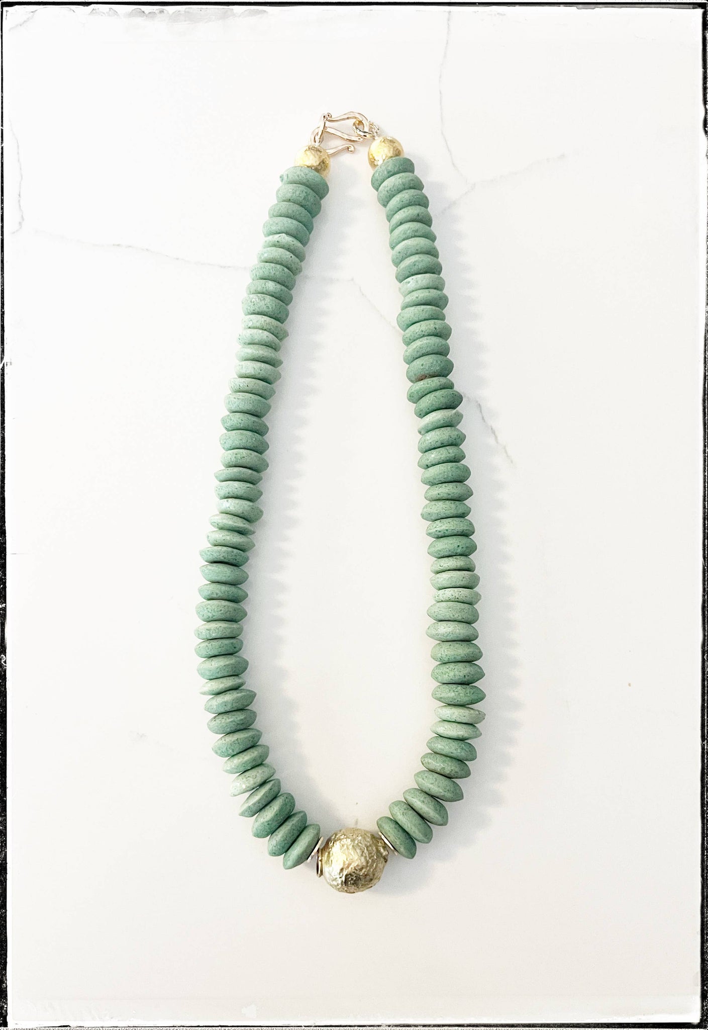 Recycled Glass Short Necklace Brass Ball Pendant Green