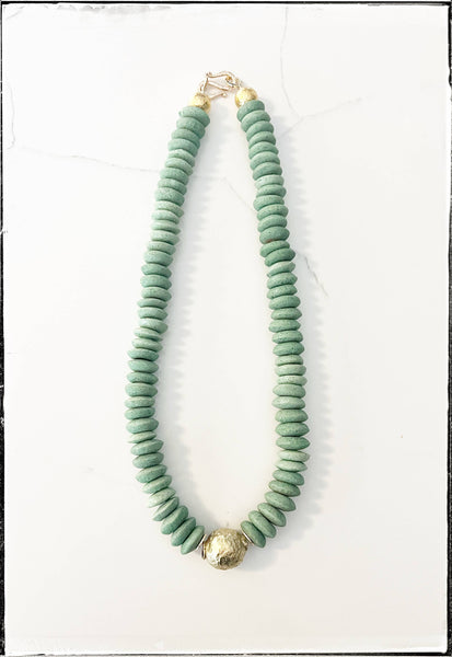 Recycled Glass Short Necklace Brass Ball Pendant Green