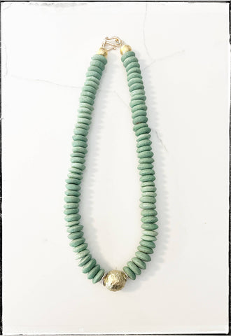 Recycled Glass Short Necklace Brass Ball Pendant Green