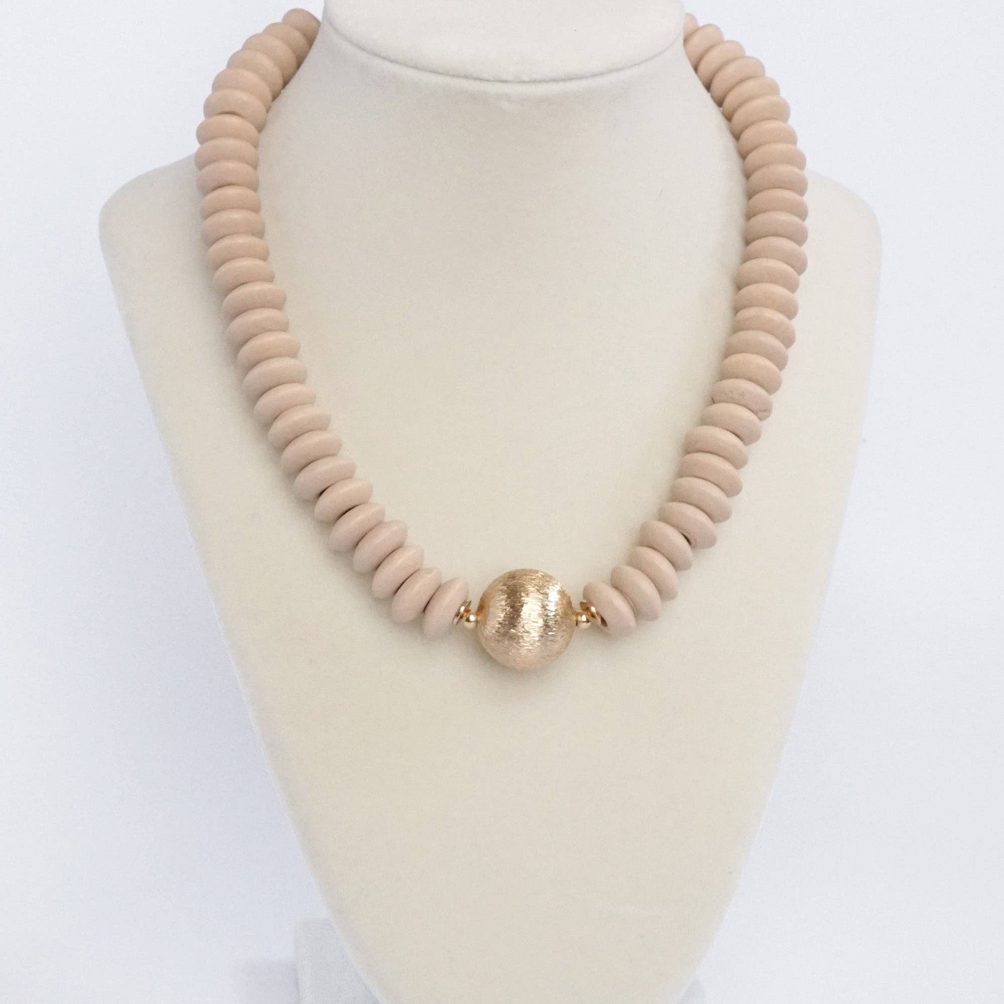 Wood Saucer Beads Short Statement Necklace Gold center Beige