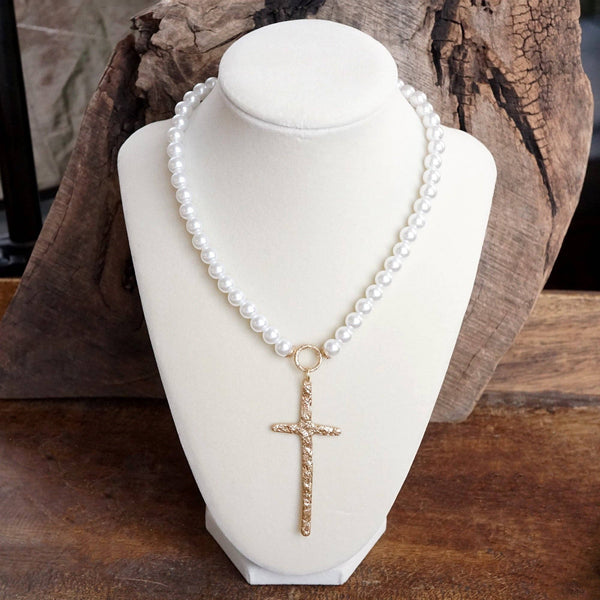 Primitive Cross Necklace Gold Pearl Turquoise Beads: Pearls