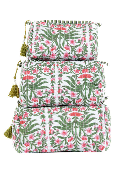 Green and Pink Floral print Quilted Cotton Toiletry Bag Set