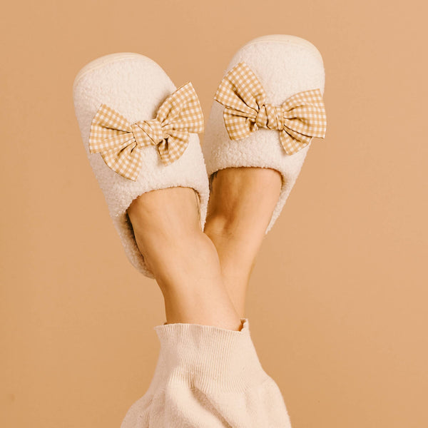 Fuzzy Slippers Bow Maple Gingham