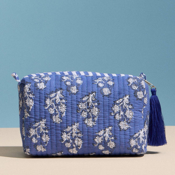 Blue Quilted Floral Cosmetic Pouch