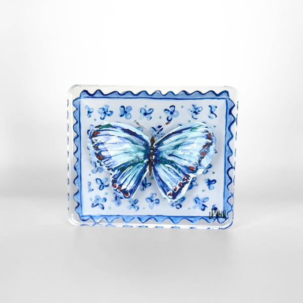 Blue Butterfly on Floral Block: Small
