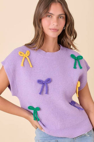 Mardi Gras Ribbon Bow Color Way Knit Top: Purple