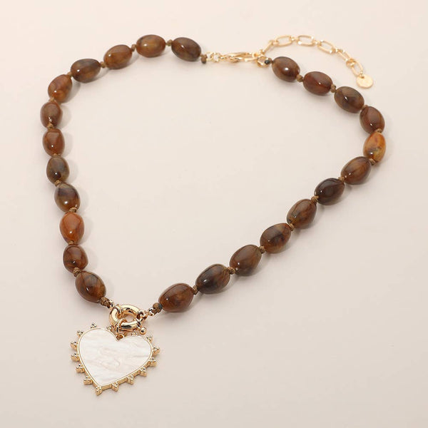 Mother of Pearl Heart Pendant Marbled Resin Oval Beaded Necklace