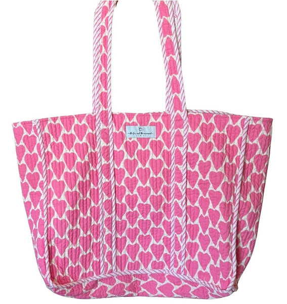 Reversible Quilted Block Printed Beach Bag - Hearts