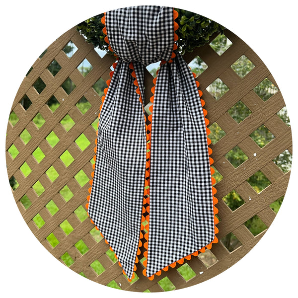 Custom Gingham Sashes with Trim: Black with Orange Trim 54"