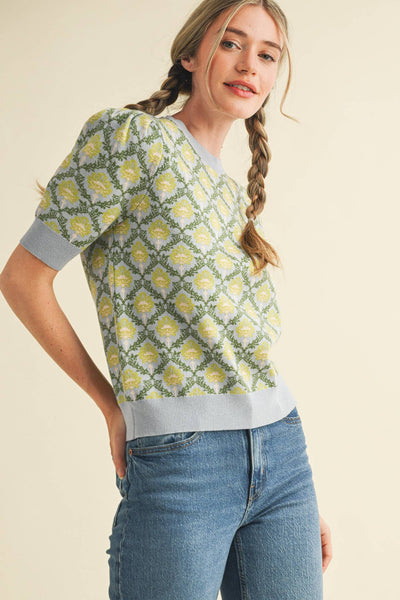 FLORAL PATTERN SHORT SLEEVE SWEATER LT BLUE SAGE MULTI