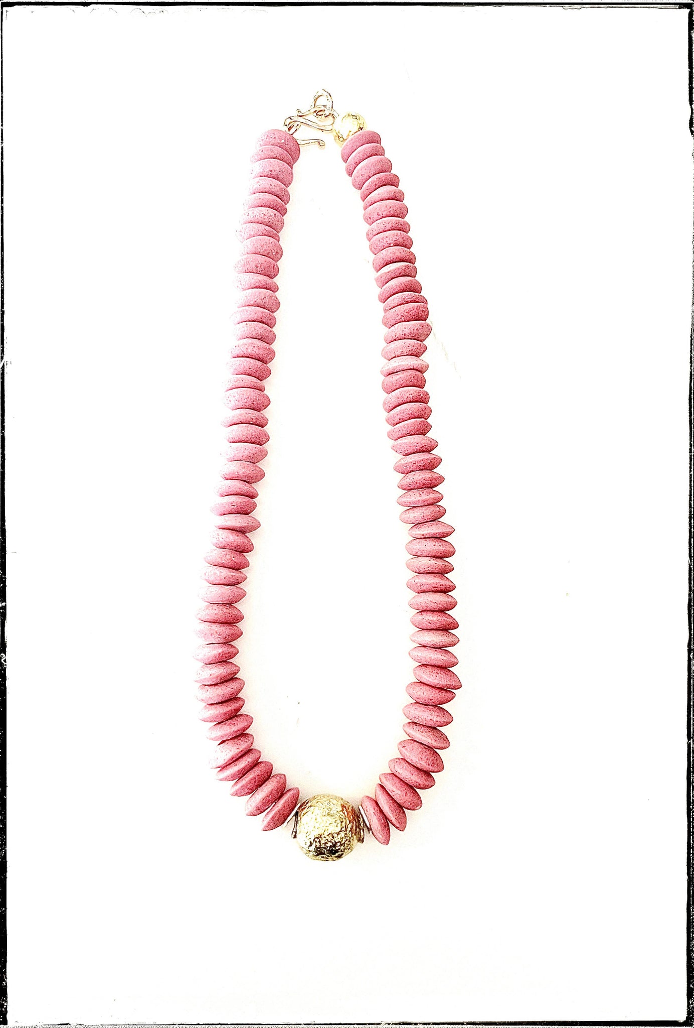 Pink Recycled Glass Short Necklace Brass Ball Pendant