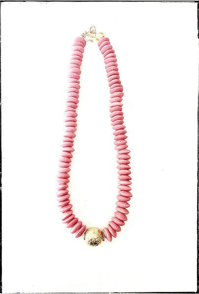 Pink Recycled Glass Short Necklace Brass Ball Pendant