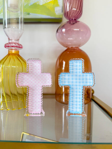 Mini Plaid Acrylic Cross Shelfie: Blue