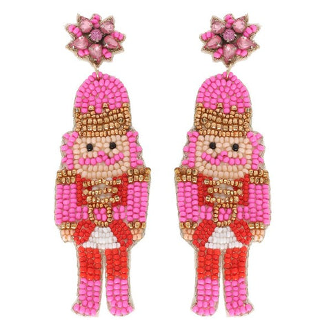 Hot Pink and Red Beaded Nutcracker Earrings