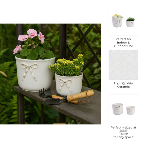 Planter White Ceramic Pretty Bow