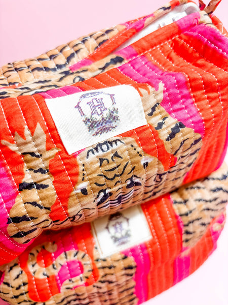 Pink/Orange Eye of the Tiger Quilted Cosmetic Bags-set of 3