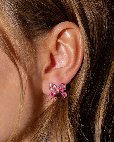 Stud Earrings - Acrylic Ribbon Bows - Pink Confetti