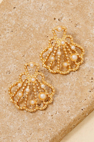 Pearl Studded Metallic Clam Shell Stud Drop Earrings: Silver