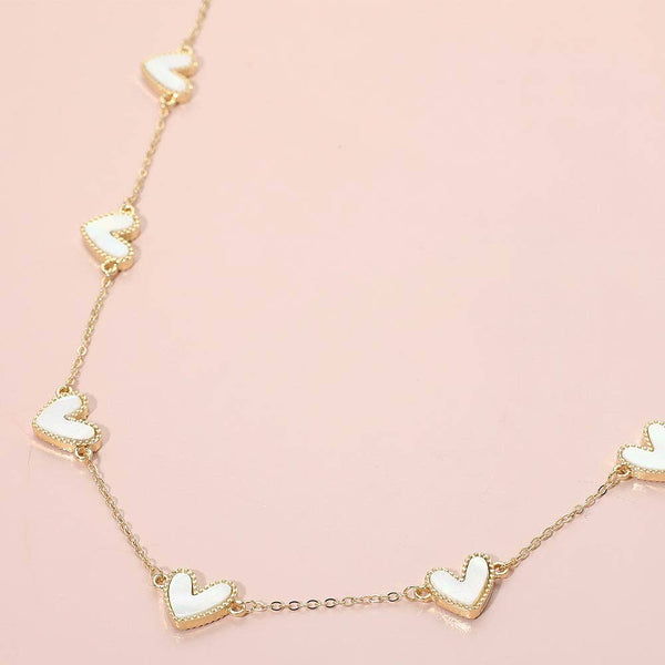 Mother of Pearl Heart Charm Station Necklace: Gold,Ivory