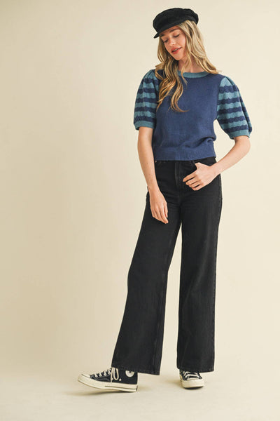 CONTRAST STRIPED PUFF SLEEVE SWEATER MSW10887: Pink