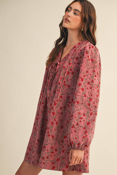 FLORAL CORDUROY MINI DRESS MDR4409: Orchid Multi Floral