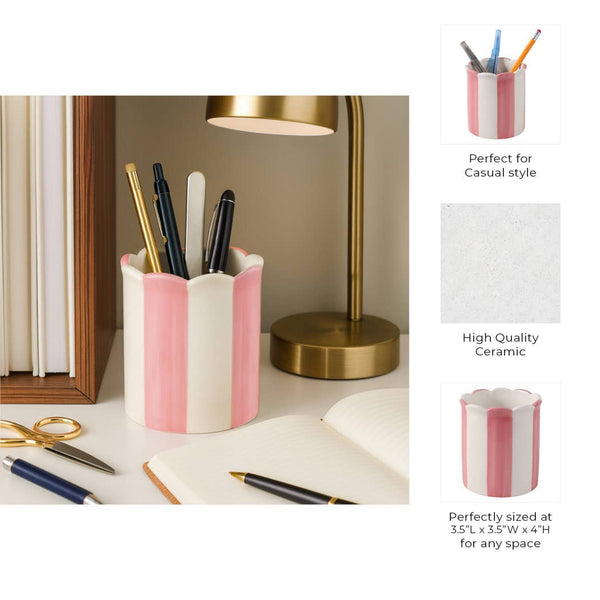 Pencil Cup - Pink/Ivory Ceramic Decorative Striped, 4 in.