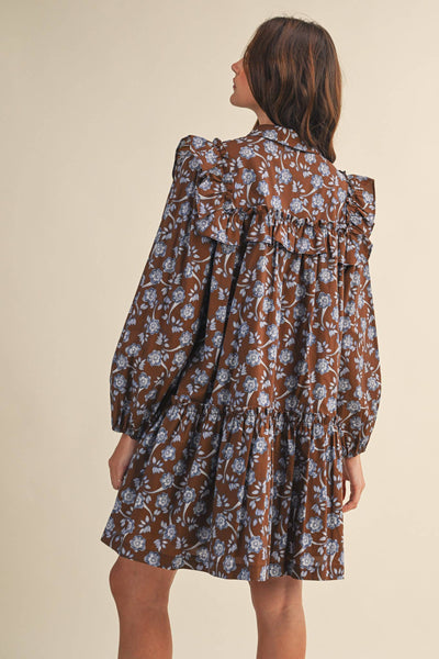 RUFFLE TRIM BUTTON DOWN MINI DRESS Deep Green Floral