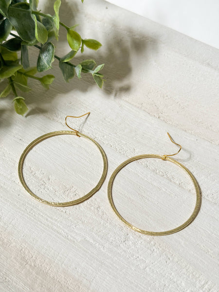 Large Brushed Gold Circle Hoop Earrings on Gold Hook