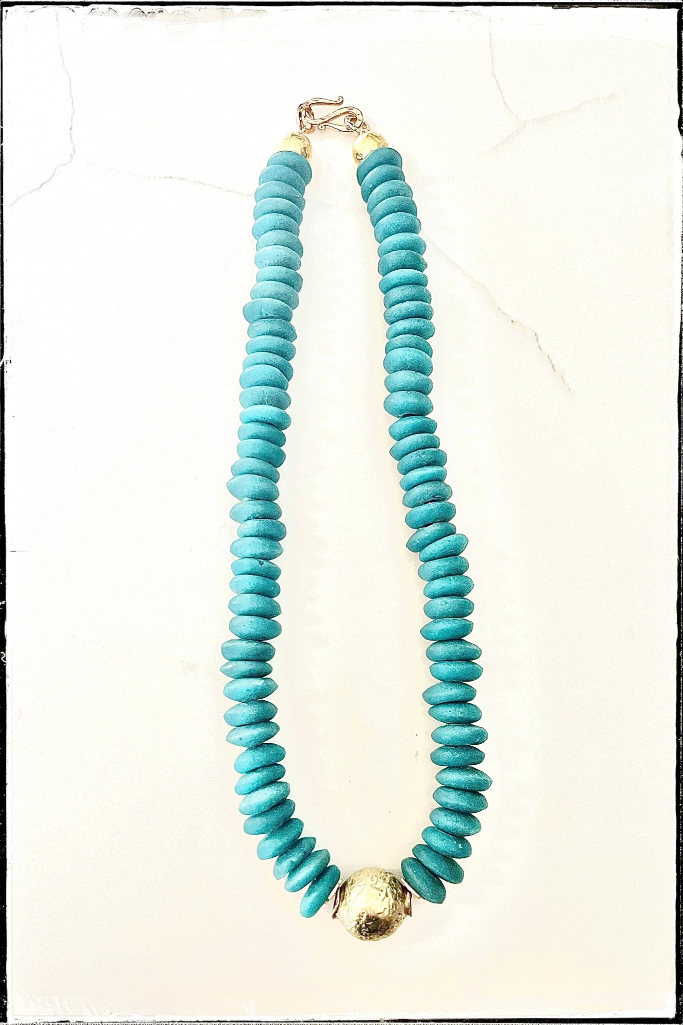 Green Teal Recycled Glass Short Necklace Brass Ball Pendant