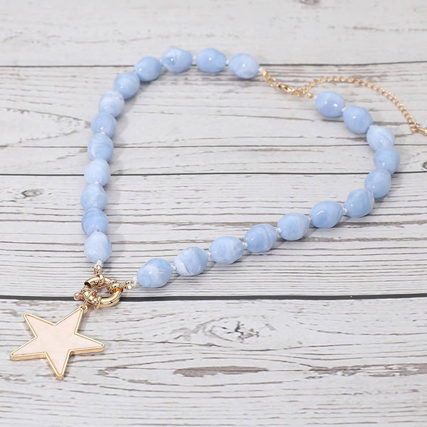 Mother of Pearl Star Pendant Marbled Pebble Beaded Necklace: Blue,Gold
