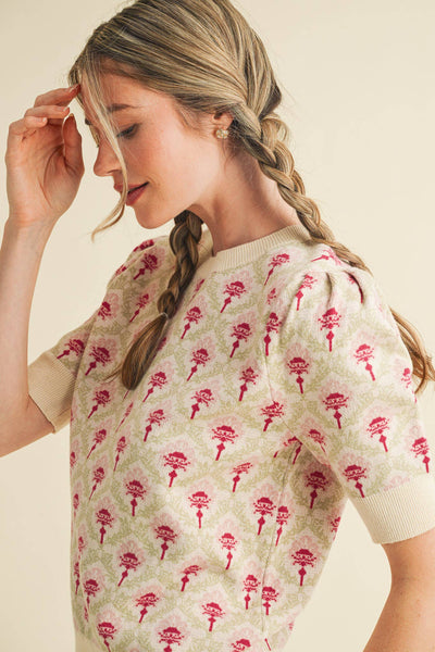 FLORAL PATTERN SHORT SLEEVE SWEATER LT BLUE SAGE MULTI