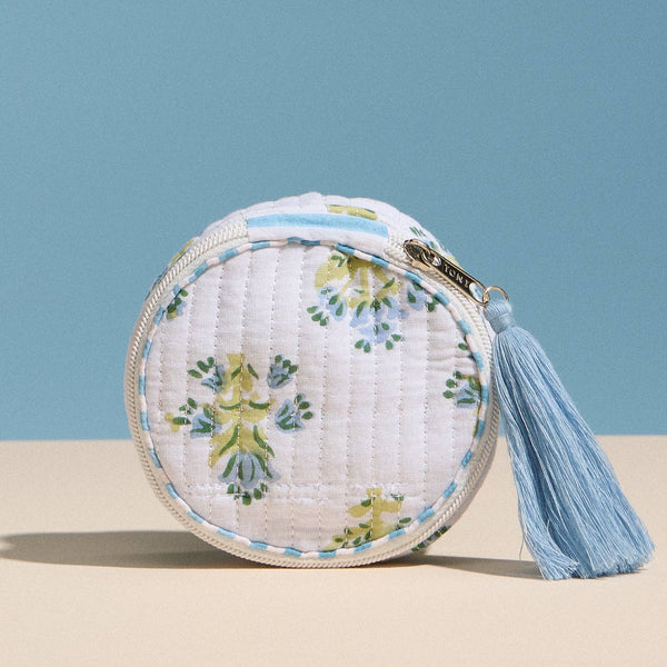 Light Blue Quilted Floral Round Coin Pouch