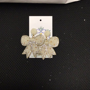 White Beaded Bedazzled Bow Earrings