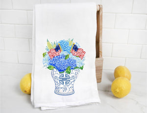 Chinoiserie Hydrangea and Flags in Jar Tea Towel - Thumbnail 3
