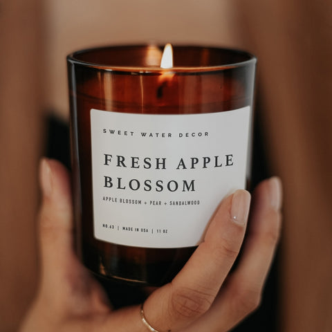 Fresh Apple Blossom Candle in Brown Glass Jar with Wood Lid