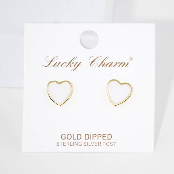 Gold Plated Epoxy Heart Post Earrings : White