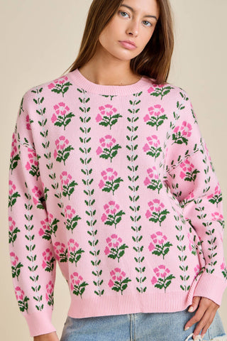 Floral Border Jacquard Sweater Knit: FLORAL PINK