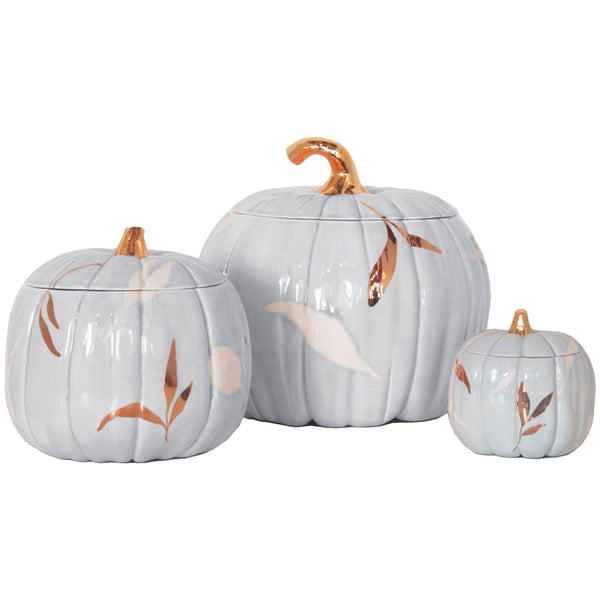 Layered Leaves Pumpkin Jars with 22K Gold Accents in Light Blue