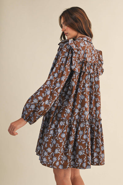RUFFLE TRIM BUTTON DOWN MINI DRESS Deep Green Floral